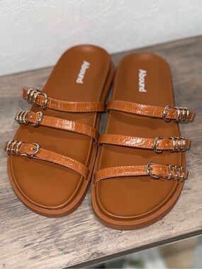 Abound Triple Buckle Slide Sandals in Cognac Brown